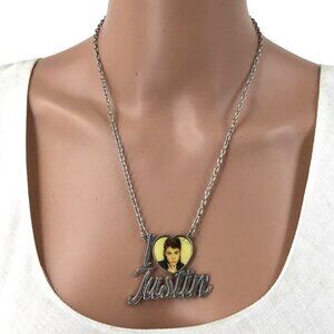 I Love Justin Bieber Necklace Heart Photo Center Silver Tone